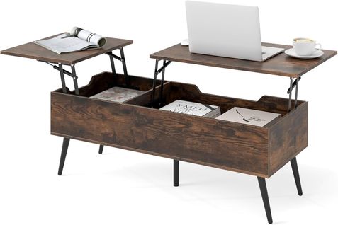 Table Basse Relevable Salon Avec 2 Compartiments Cachés, 111 X 48 X 40-53,5 Cm (marron Rustique)