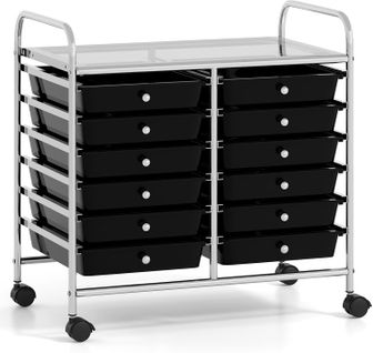 Chariot De Rangement à Roulettes 12 Tiroirs En Pp, Roues Universelles, Cadre En Métal (noir)