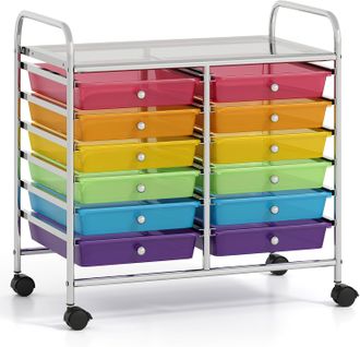 Chariot De Rangement à Roulettes 12 Tiroirs En Pp, Cadre En Métal (multicolore Clair)