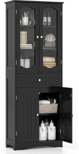 Armoire De Rangement De 160 Cm De Haut, 2 Portes En Verre Transparent, 2 Etagères Réglables,noir