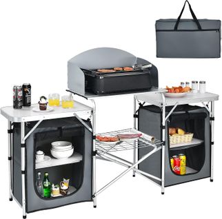 Table De Camping Pliable Avec Etagère De Rangement Et Protection Anti-eclaboussures (gris)