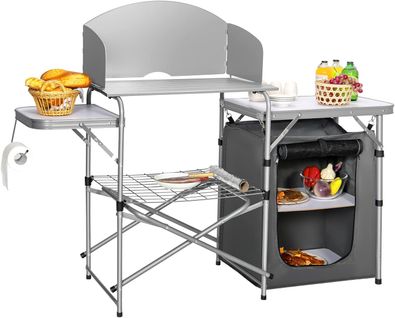 Table De Camping Extérieur Avec Rangement, Cuisine De Camp Pliable, 146 X 45,5 X 112 Cm (gris)