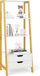Bibliothèque Échelle Avec Rangement, Autoportante, 4 Étagères Ouvertes Et 2 Tiroirs (blanc)