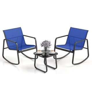 Salon De Jardin 3 Pièces Avec Chaises à Bascule Table En Verre, Ensemble De Meuble Extérieur (bleu)