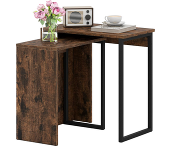 Lot De 2 Tables Basses Gigognes, Table D'appoint Bois, Cadres Métalliques, Brun Rustique