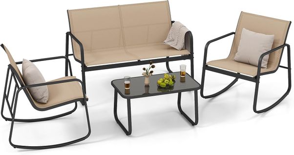 Salon De Jardin 4 Pièces Avec Chaises à Bascule Table En Verre Et Causeuse, Charge 150kg(marron)