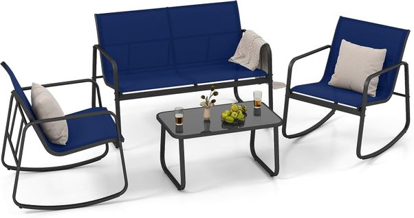 Salon De Jardin 4 Pièces Avec Chaises à Bascule Table En Verre, Cadre Métallique