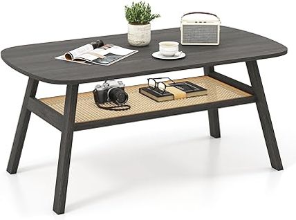 Table Basse 2 Niveaux, Étagère En Rotin Pe, 4 Pieds En Bois De Caoutchouc, Table De Salon