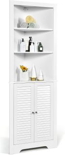 Armoire D'angle Pour Salle De Bain Avec 3 Etagères Ouvertes Et 1 Portes Volets, Blanc