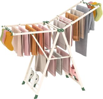 Etendoir Linge Pliable 16 Barres, Cadre En Acier, Hauteur Réglable (beige,141 Cm)