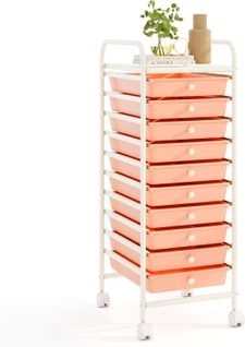 Chariot De Rangement à Roulettes Avec 10 Tiroirs Plastiques Amovibles, 33x37x86cm (rose Pêche)