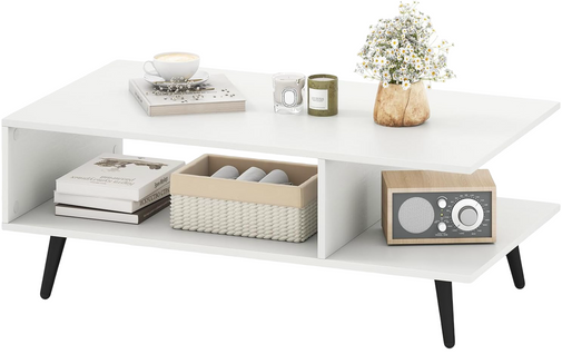 Table Basse Avec Rangement et Étagère Ouverte, Pieds En Métal Effilés, 80 X 45 X 30 Cm (blanc)