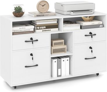 Caisson Bureau Avec à Roulette, Tiroirs Verrouillables, Barre De Suspension Réglables (blanc)