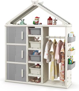 Armoire à Vêtements Enfant En Hdpe Avec Tige De Suspension et Étagères et Cubes et Bacs (gris)