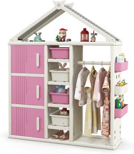 Armoire à Vêtements Enfant En Hdpe Avec Tige De Suspension et Étagères et Cubes et Bacs (rose)