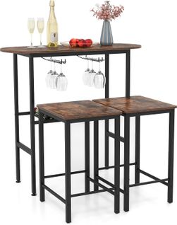 Table Cuisine Avec Tabourets, Table De Cuisine 2 Personnes, 2 Porte-bouteilles(marron Rustique)