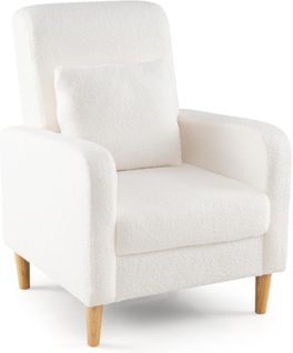 Fauteuil Rembourré Avec Coussin Lombaire,revêtement En Laine D'ours En Peluche,pieds En Bois,blanc
