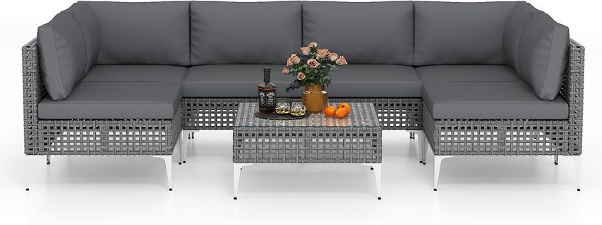 Ensemble De Meubles D'extérieur 7 Pièces En Osier Charge 180kg, Salon De Jardin,gris