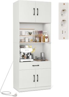 Buffet Cuisine Avec Station De Charge,armoire Garde-manger Avec 4 Portes, Buffet Avec Tiroir,blanc