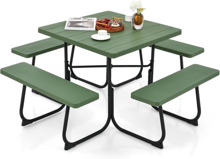 Table De Pique-nique Avec 4 Bancs Intégrés,trou Pour Parasol, Carrée,170 X 170 X 76 Cm (vert)