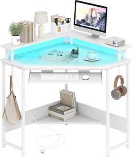 Bureau D'angle Avec Station De Charge, Bureau Gaming Avec LED, Plateau Pour Clavier (blanc)