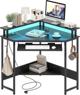 Bureau D'angle Avec Station De Charge, Bureau Gaming Avec LED, Plateau Pour Clavier Et Support(noir)