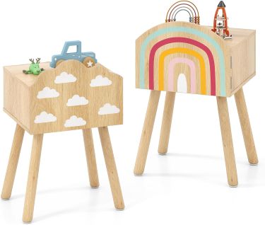Lot De 2 Table De Chevet Enfant Avec Motif Arc-en-ciel Et Nuage,table De Nuit Enfant Fille,naturel