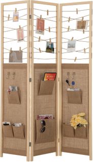 Paravent Interieur 3 Panneaux 170 × 120 Cm, Pliable, 8 Poches, 4 Crochets, 20 Pinces
