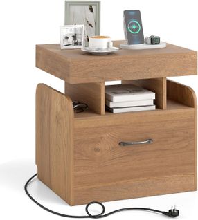 Table De Chevet Avec Station De Charge, Table De Nuit Avec Tiroi, Étagères Ouvertes(1,naturel)