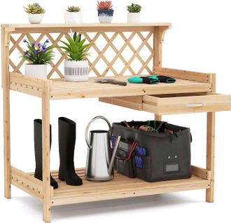 Table De Rempotage En Bois De Sapin Avec Treillis à Claire-voie et Tiroir Amovible