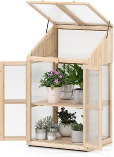 Serre De Jardin à 2 Niveaux En Bois De Sapin 121 Cm, Mini Serre Avec Protection D'étagère Toit