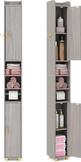 Armoire De Salle De Bain Haute, Organiseur Étroit Avec 2 Portes Et Étagères Réglables(gris)