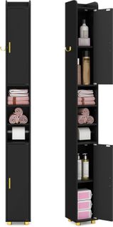 Armoire De Salle De Bain Haute, Organiseur Étroit Avec 2 Portes Et Étagères Réglables (noir)