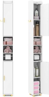 Armoire De Salle De Bain Haute, Organiseur Étroit Avec 2 Portes Et Étagères Réglables (blanc)