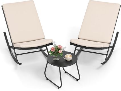 Ensemble Bistrot à Bascule De 3 Pièces, Rotin Pe Avec Table Basse En Métal Coussins Épais