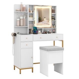 Coiffeuse Avec Miroir Et Tabouret, Coiffeuse Avec Rangement, Lumières LED 3 Couleurs, Blanc