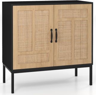 Buffet Cuisine Rotin, Meuble Cannage Bohème Avec Portes En Rotin Tressé, Étagère Réglable(noir)