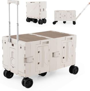 Grand Chariot De Plage Pliable Avec Caisses De Rangement à 2 Niveaux, 5 Roues Pivotantes (blanc)