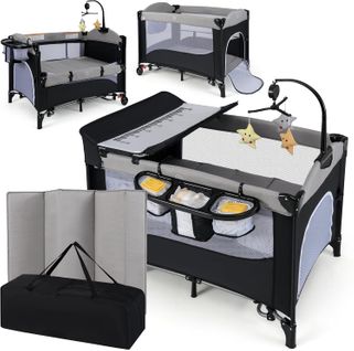 Lit Parapluie Bébé 6 En 1 Évolutif, 5 Hauteurs, Matelas, Table à Langer, 0-3 Ans (noir)