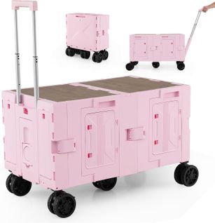 Grand Chariot De Plage Pliable Avec Caisses De Rangement à 2 Niveaux, 5 Roues Pivotantes (rose)