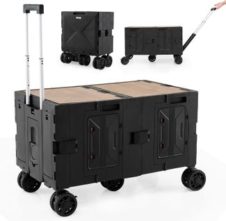 Grand Chariot De Plage Pliable Avec Caisses De Rangement à 2 Niveaux, 5 Roues Pivotantes (noir)