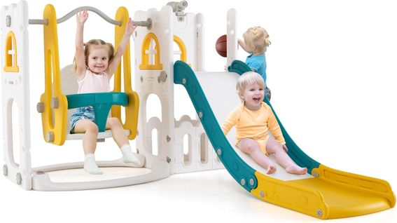 7 En 1 Toboggan Enfant En Hdpe Avec Balançoire et Panier De Basketball, Aire De Jeux (jaune+vert)