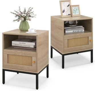 Table De Chevet Rotin Lot De 2, Table De Nuit Cannage, Pieds En Bois Massif, Compartiment Ouvert(2)