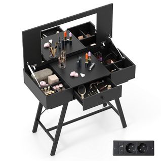 Coiffeuse Avec Miroir, Coiffeuse Avec Rangement, Station De Charge, Plateau Rabattable (noir)