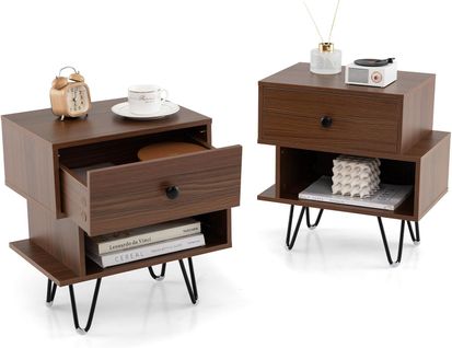 Table De Chevet Lot De 2 Avec Tiroir, 4 Pieds En Métal Surélevés, Table De Nuit (noyer)