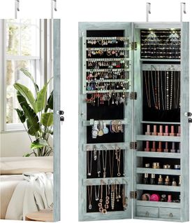 Armoire à Bijoux Mural Avec Miroir Et Lumière LED Armoire De Rangement Accrochée à La Porte (bleu)