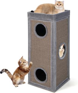 Maison Pour Chat à 4 Étages, Tonneau Griffoir Chat, 3 Condos, 2 Planches à Griffer, 40 × 40 × 99 Cm