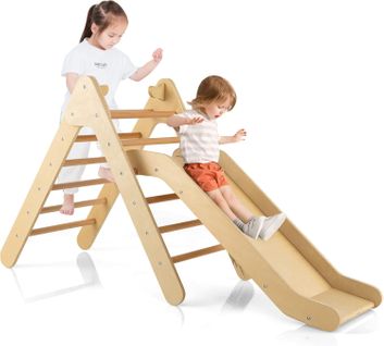 2 En 1 Triangle D'escalade En Bois Avec Toboggan, Charge 60kg Pour Enfants De 1 An+