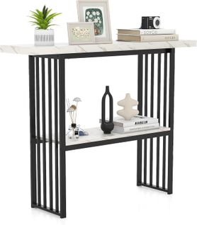 Table Console Marbre à 2 Niveaux Scandinave, Meuble D'entrée Doré Cadre En Métal (noir+blanc)