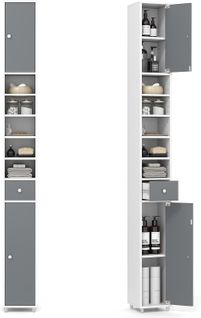 Meuble De Rangement Salle De Bain,meuble Colonne Avec 2 Placards à Porte,20x20x180cm(gris+blanc)